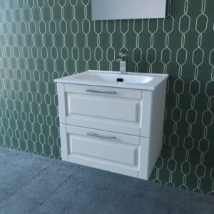 Mobile bagno bianco con due cassetti e lavabo da appoggio. Arredo bagno.