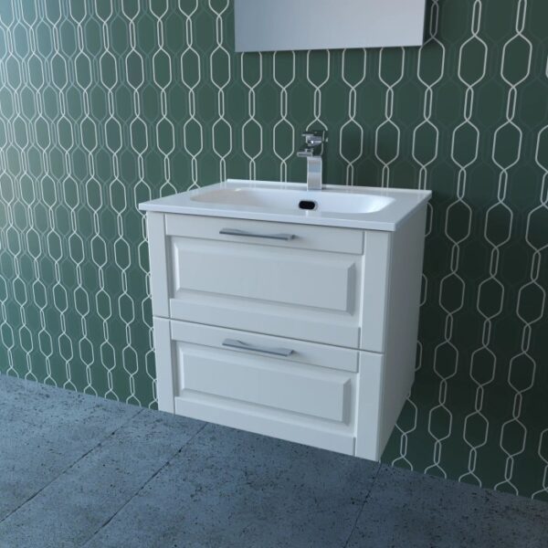 Mobile bagno bianco con due cassetti e lavabo da appoggio. Arredo bagno.