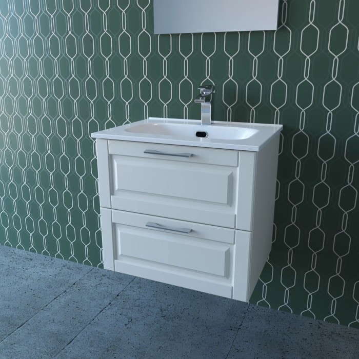 Mobile bagno bianco con due cassetti e lavabo da appoggio. Arredo bagno.