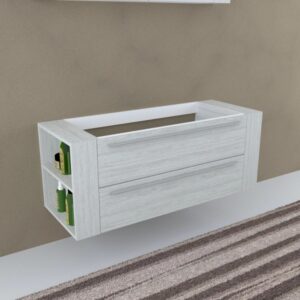 Mobile bagno t.b.t. effetto legno con due cassetti e ripiani laterali.