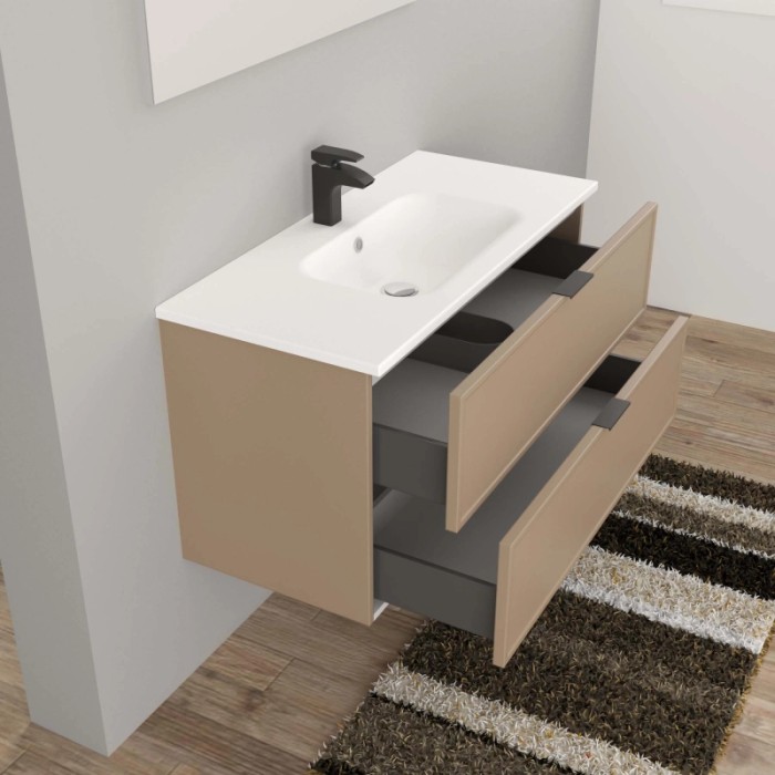 Mobile bagno moderno con lavabo, mobile sospeso color tortora con due cassetti e rubinetto nero.