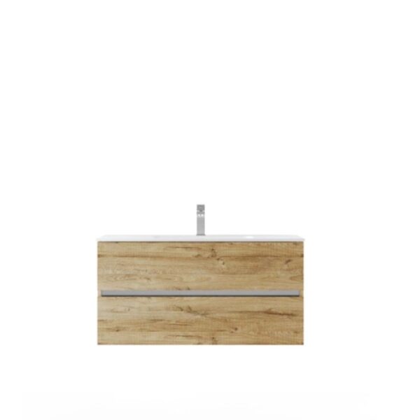 Mobile bagno t.b.t. effetto legno con due cassetti e lavabo da appoggio.