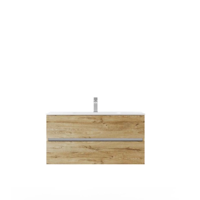 Mobile bagno t.b.t. effetto legno con due cassetti e lavabo da appoggio.