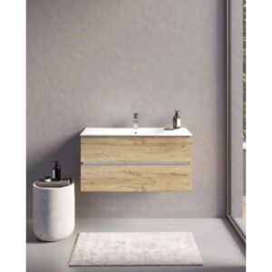 t.b.t. Mobile bagno sospeso effetto legno con lavabo bianco.