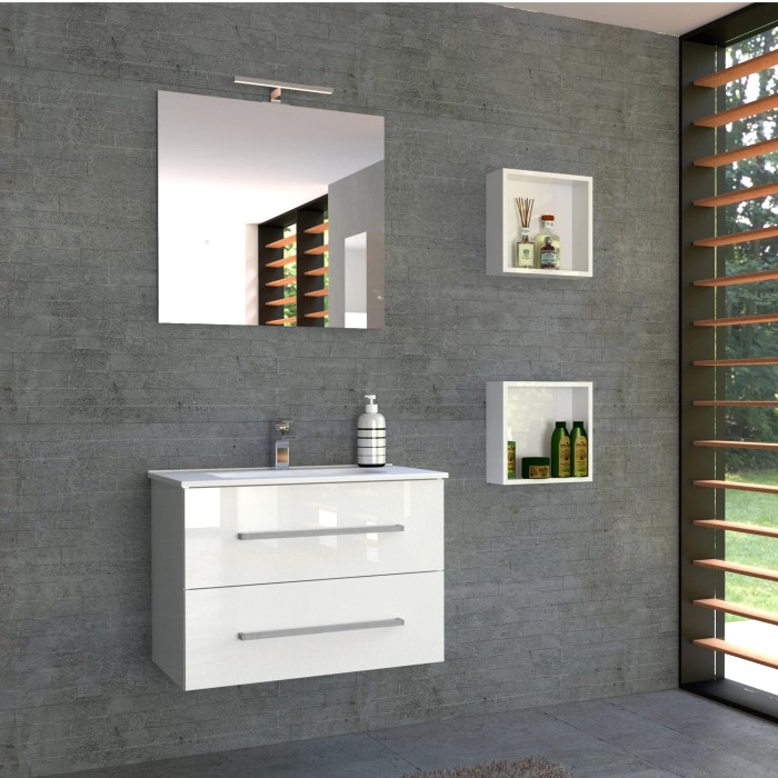 Set di mobili da bagno moderni bianchi con lavabo, specchio e mensole. Design elegante per il bagno.