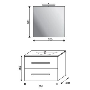 Schizzo: Mobile bagno con specchio e dimensioni per l'arredo bagno.