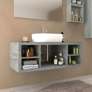 Mobile bagno grigio con lavabo da appoggio bianco e vani portaoggetti. Arredo bagno.