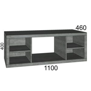 Mobile bagno grigio con scomparti aperti, ideale per accessori da bagno e decorazioni.