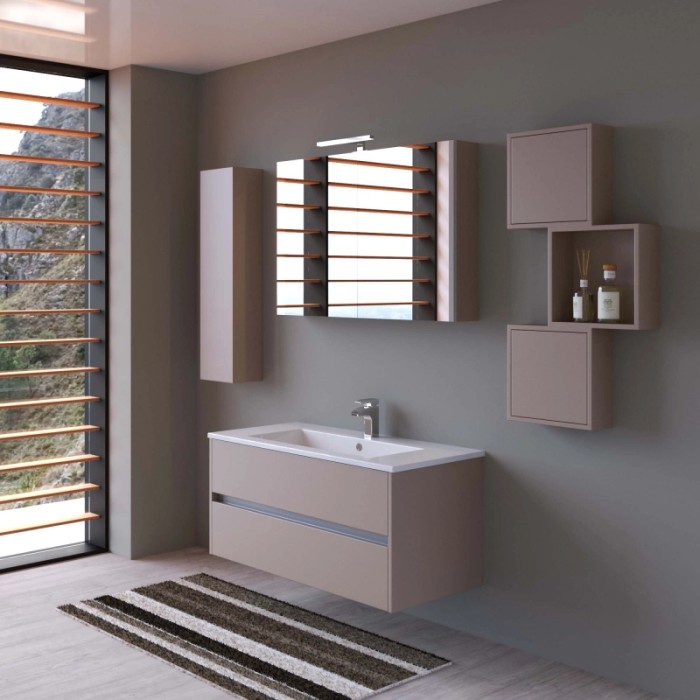 Set di mobili da bagno moderni: mobile lavabo, specchiera, pensile e mensole in color tortora.