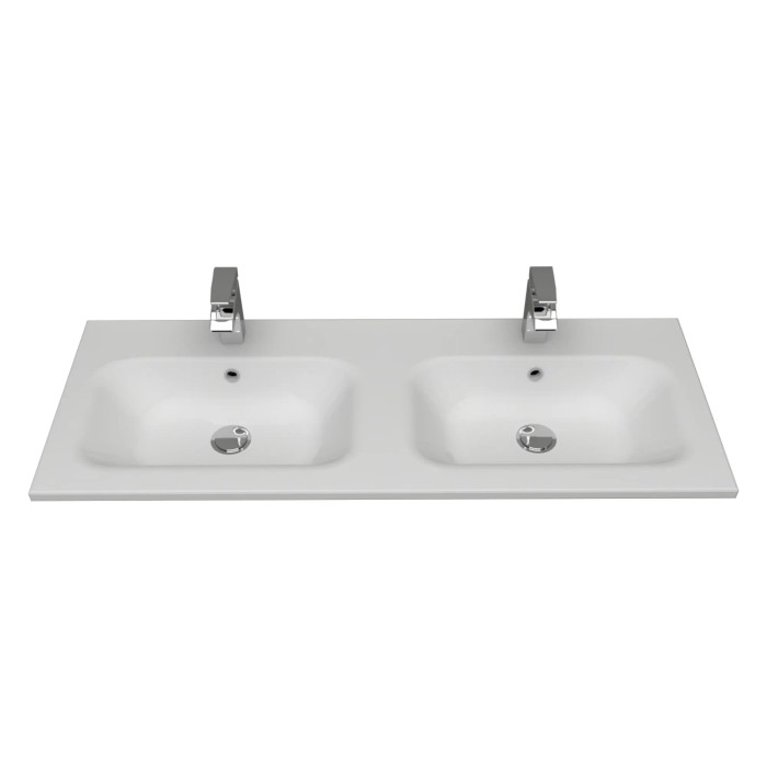 Mobile lavabo doppio bianco con due rubinetti per il bagno.