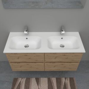 Mobile lavabo t.b.t. con due lavabi e mobiletto effetto legno.