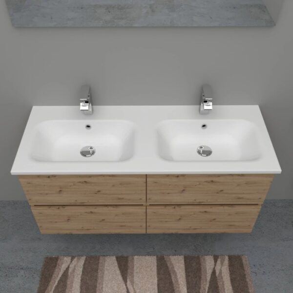 Mobile lavabo t.b.t. con due lavabi e mobiletto effetto legno.