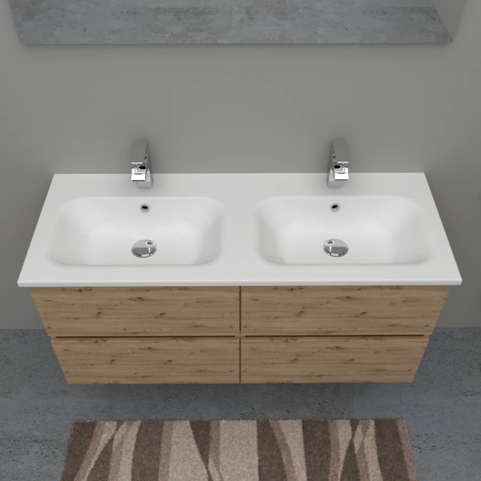 Mobile lavabo t.b.t. con due lavabi e mobiletto effetto legno.