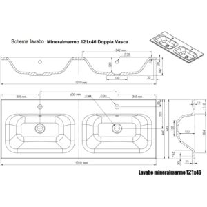 Disegno tecnico: lavabo singolo t.b.t. con doppio lavabo, dimensioni e dettagli.