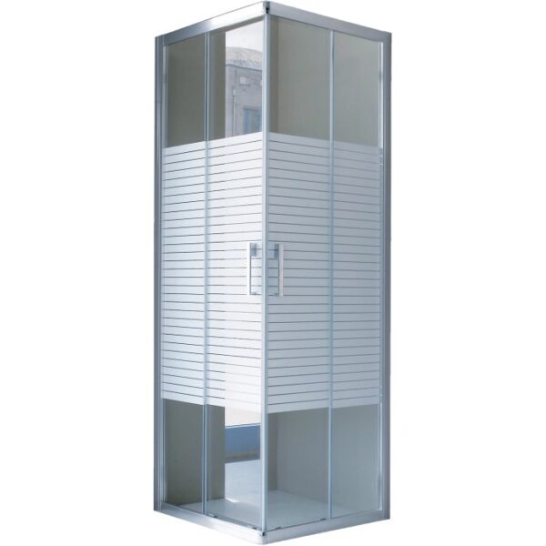 Box doccia angolare con strisce orizzontali sul vetro.