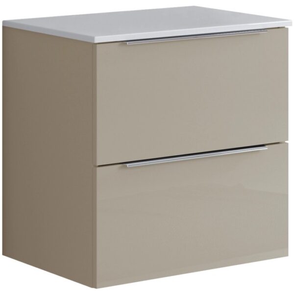 Mobile bagno t.b.t. beige con due cassetti e piano bianco.