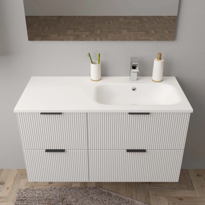 Mobile lavabo t.b.t. con lavabo e cassetti scanalati.