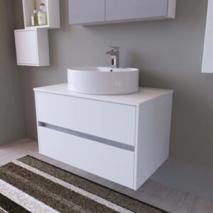 Mobile bagno bianco con lavabo d'appoggio, parte della serie di arredo bagno.