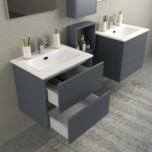 Mobile bagno grigio con cassetti bianchi, parte della serie di arredo bagno.