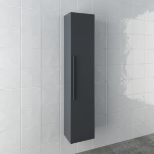 Mobile bagno sospeso grigio verticale con maniglia su parete bianca.