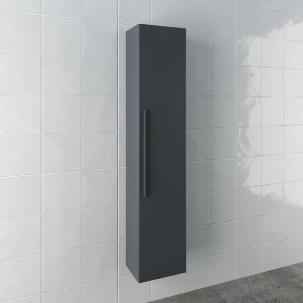 Mobile bagno sospeso grigio verticale con maniglia su parete bianca.