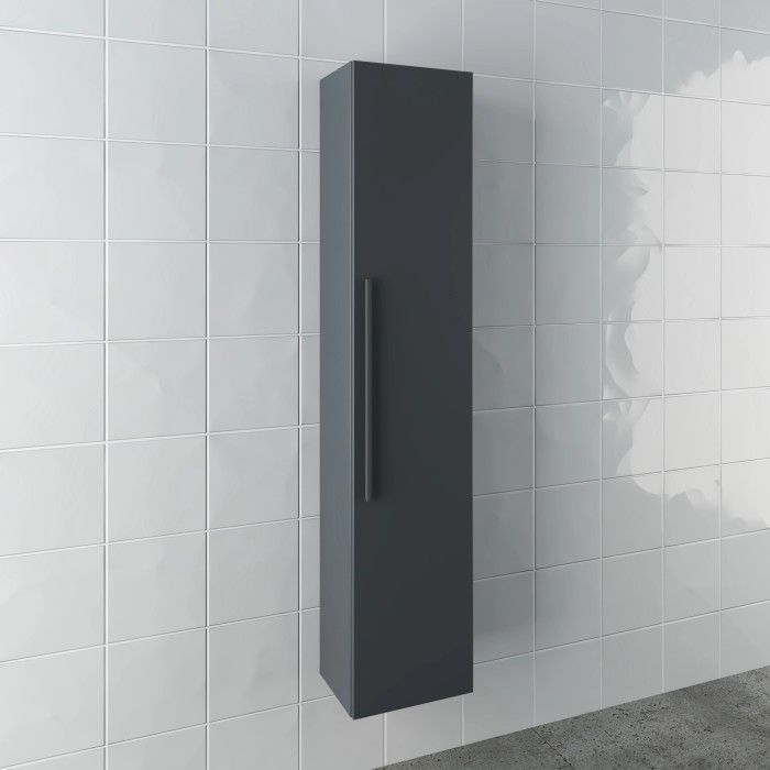 Mobile bagno sospeso grigio verticale con maniglia su parete bianca.