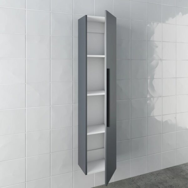 Mobile bagno sospeso grigio con vani a giorno.