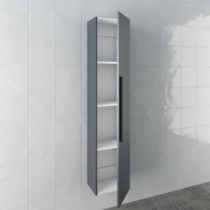 Mobile bagno sospeso grigio con vani a giorno.