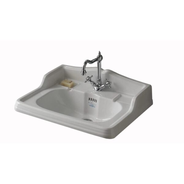 Lavabo bianco t.b.t. con rubinetto e sapone. Categoria: Lavandini.