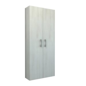Mobile bagno alto effetto legno con due ante e maniglie argentate.