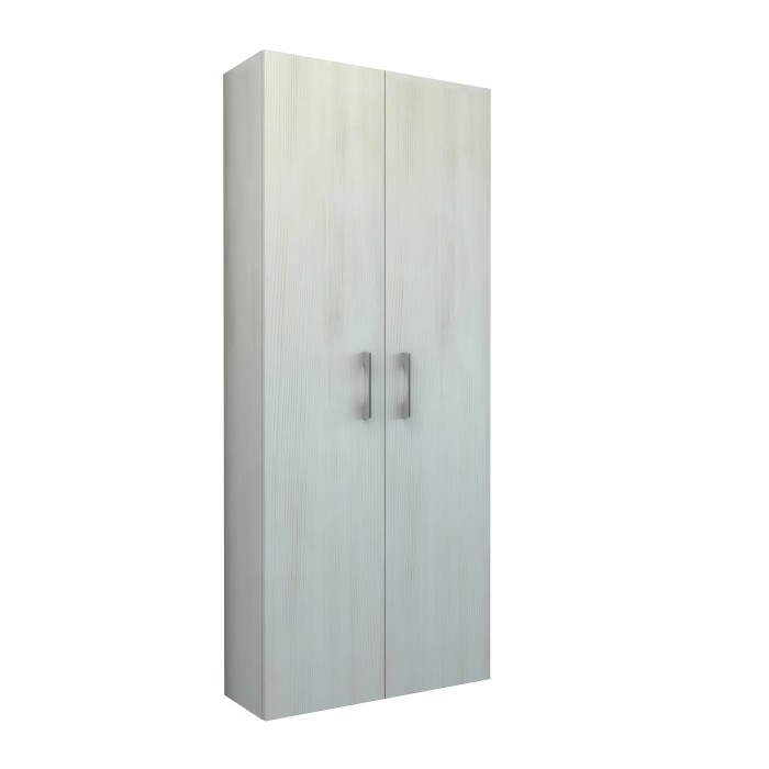 Mobile bagno alto effetto legno con due ante e maniglie argentate.