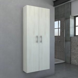 Mobile bagno sospeso effetto legno con due ante e maniglie argentate.