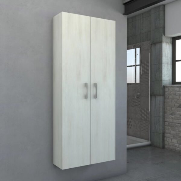 Mobile bagno sospeso effetto legno con due ante e maniglie argentate.