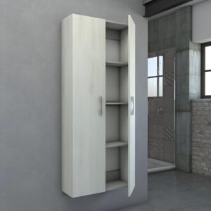 Mobile bagno sospeso, decoro legno chiaro, con anta aperta e ripiani.