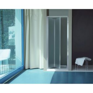 Box doccia t.b.t. con porta a soffietto, telaio argento, parzialmente vetrata.