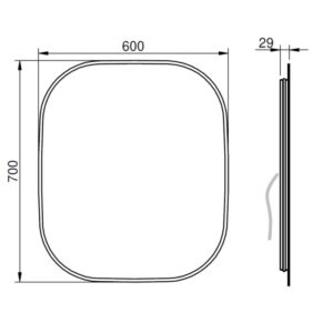 Disegno tecnico: specchio da parete t.b.t., dimensioni 600x700 mm, profondità 29 mm.