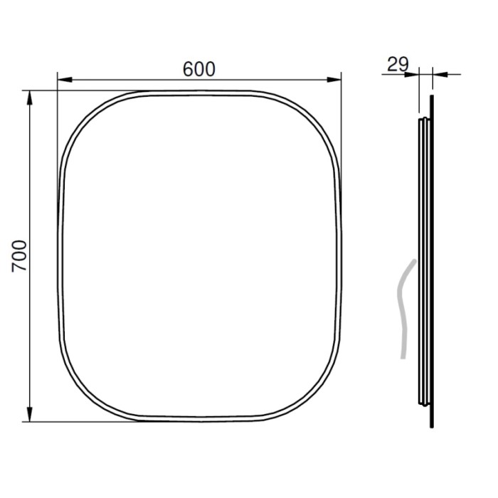 Disegno tecnico: specchio da parete t.b.t., dimensioni 600x700 mm, profondità 29 mm.