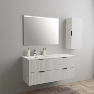 Moderno set di mobili da bagno bianchi: mobile lavabo, specchiera e pensile. Ideale per il tuo bagno.