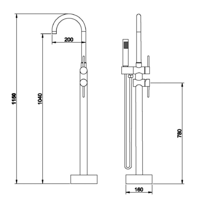 Disegno tecnico di un miscelatore per vasca da bagno freestanding con dimensioni.