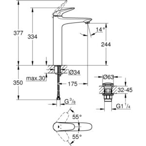 Disegno tecnico: rubinetto lavabo t.b.t. con dimensioni.