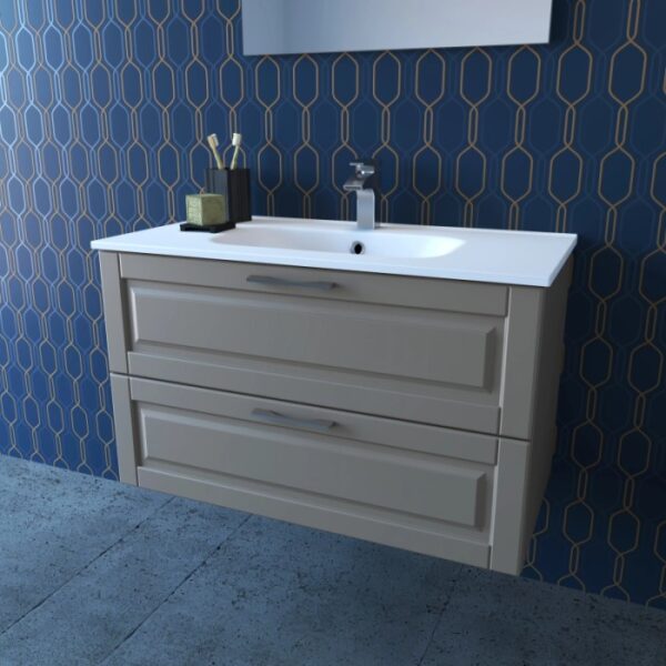 Mobile bagno t.b.t. con due cassetti e lavabo bianco.