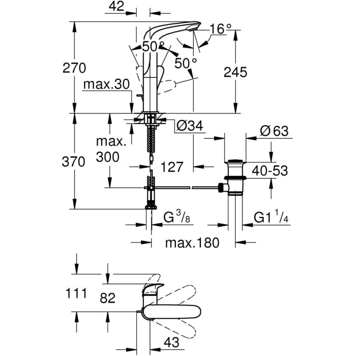 Disegno tecnico del rubinetto del lavabo con dimensioni. Ideale per la progettazione e l'installazione.