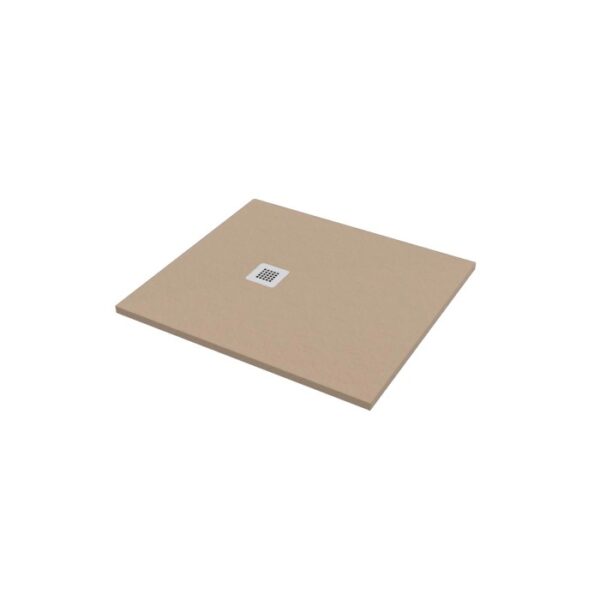 Piatto doccia quadrato beige con raccordo di scarico, adatto a bagni moderni.