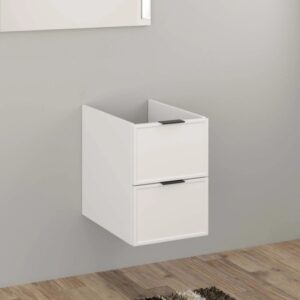 Mobile bagno bianco con due cassetti e maniglie nere.