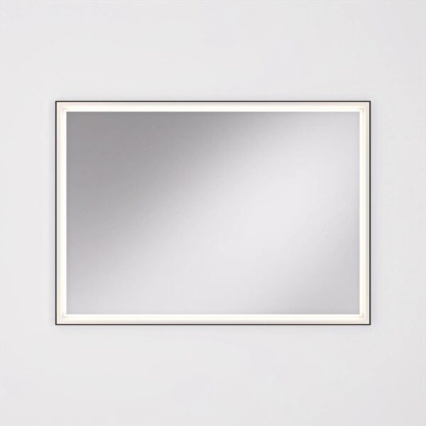 Specchio da parete rettangolare t.b.t. con illuminazione LED e cornice nera.