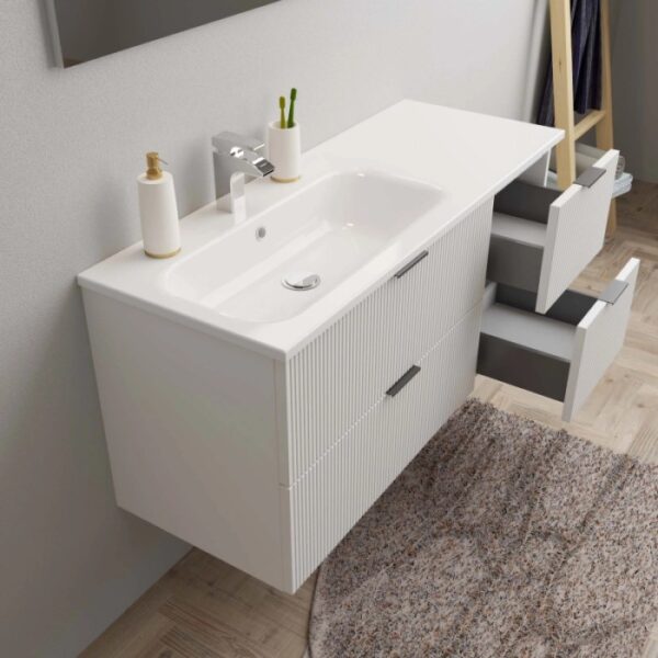 Mobile bagno moderno bianco con lavabo e due cassetti.