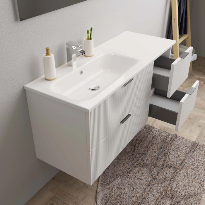 Mobile bagno moderno bianco con lavabo e due cassetti.
