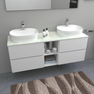 Bagno moderno con mobile lavabo t.b.t., lavabi da appoggio e ripiano.