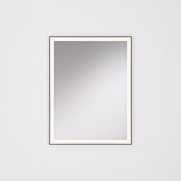Specchio da parete rettangolare con cornice sottile nera e bordo interno bianco.