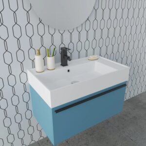 t.b.t. Mobile bagno blu con lavabo bianco e rubinetto.
